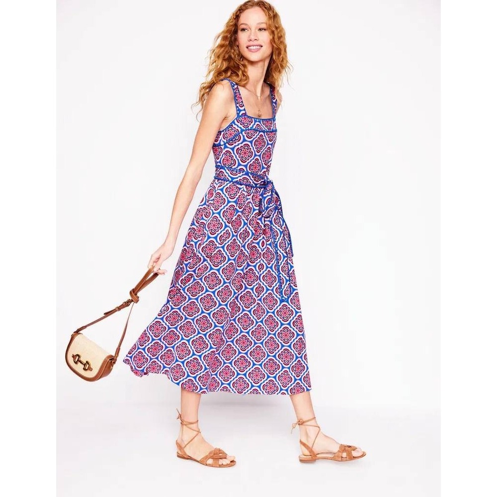 Boden Square Neck Seam Midi Dress Blue Pink Medallion Print Belted D1286 US 4R